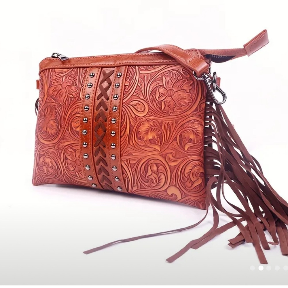 Brown Embossed Leather Crossbody Bag - Picture 3 of 12